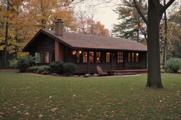 Cozy cabin in autumn woods.