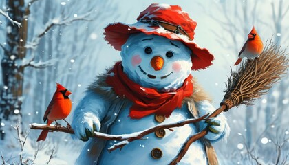 A contented cute snowman with a broom in his hand and a cute red hat on a winter background surrounded by small birds
