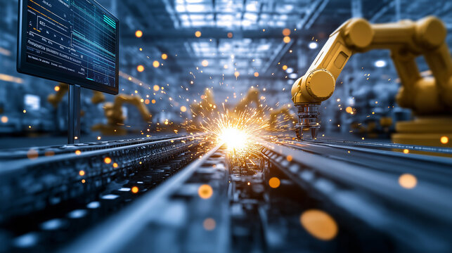 A futuristic manufacturing facility, with a glowing control monitor tracking conveyor belt speeds and robotic performance metrics, as sparks fly from automated welding machines in