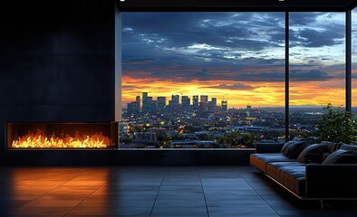 A stylish apartment interior showcases a stunning city view at sunset, with a cozy fireplace and modern furniture, ideal for relaxation and inspiration.