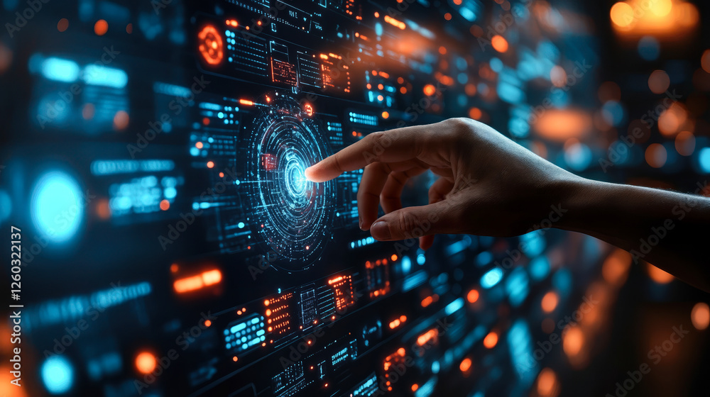 Poster innovative ai software development interface with interactive touchscreen for intuitive application 