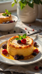 Delicious palacsinta served with berries in cozy kitchen, culinary delight