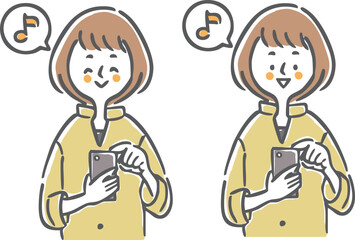 スマホを操作してご機嫌な女性　上半身　ベクター