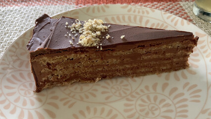 Delicious slice of Garash cake on a plate. Rich, chocolatey dessert from Bulgaria topped with walnuts.