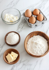Separate raw ingredients for scones, each in its own container on a white marble kitchen counter.