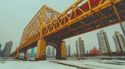 Snow falls on city bridge, skyscrapers background