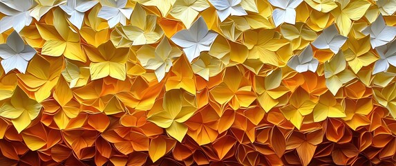 A vivid display of intricate paper art, featuring layers of yellow, orange, and white leaves, showcasing creativity and craftsmanship in decoration.