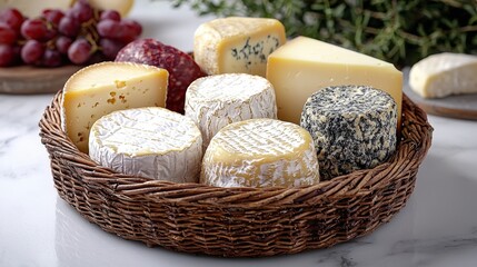 An elegant presentation of assorted cheeses accompanied by vibrant grapes, arranged in a beautiful woven basket, perfect for entertaining or special occasions.
