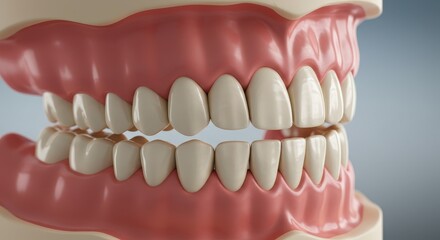 Obraz premium A highly detailed close-up of a set of artificial dentures with shiny lifelike teeth and pink gums