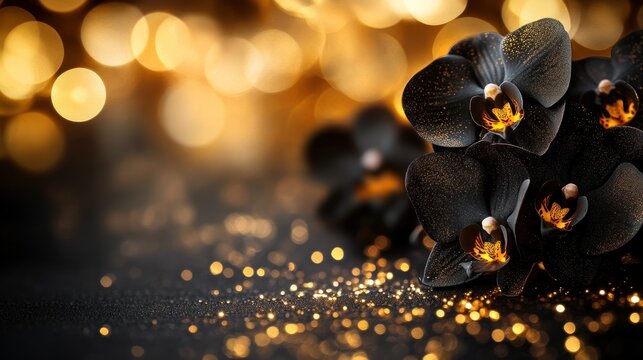 Black orchids glitter bokeh dark background luxury