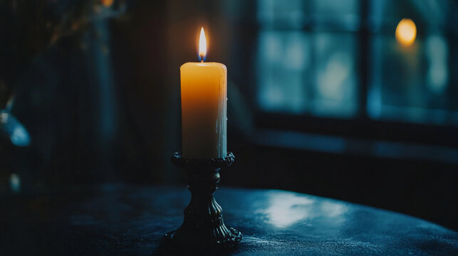 Soft glow of a lit candle illuminating a dark room with window reflections