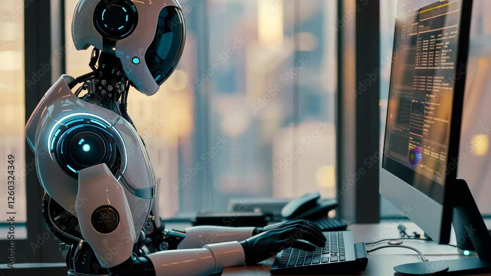 Poster a humanoid robot focuses on programming tasks at a computer in a contemporary office, illuminated by