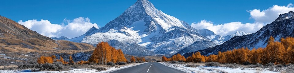 Fototapeta premium Straight road leading towards the snow-capped Mount Damavand, surrounded by golden autumn trees under a clear blue sky