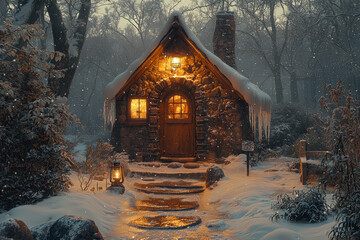 Cozy stone cottage in snowy winter forest with warm lighting