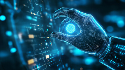 A robotic hand holds a glowing blue light orb, showcasing futuristic technology, Abstract digital binary code with futuristic technology and data patterns