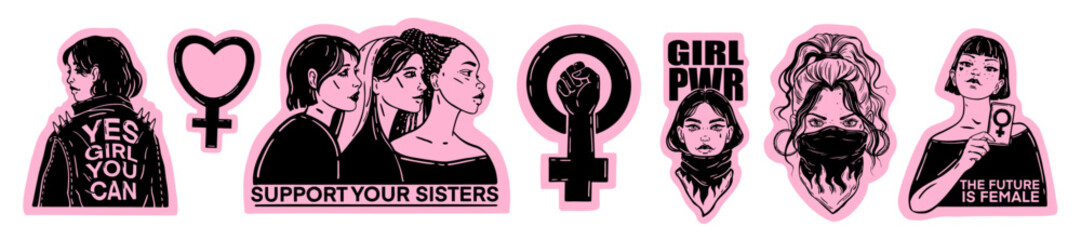 Girl power sticker set vector hand drawn woman rights illustration 8 March celebration feminist icon. Female diverse portrait, strong lady quote, society protest fight concept. Girl power emblem kit