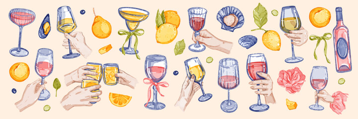 Hand holding wine glass set, wedding party drinks vector illustration watercolor alcohol print. Elegant champagne cocktail event clipart, Italian party beverage cheer gesture. Wine glass object design