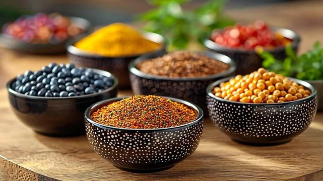 Colorful spices in bowls on wooden table