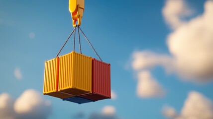 A crane lifts colorful shipping containers against a bright blue sky with fluffy clouds.