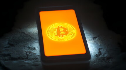 Smartphone showing bitcoin cryptocurrency logo on orange background