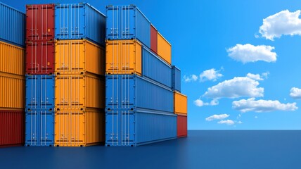 Fototapeta premium A stack of colorful shipping containers against a clear blue sky, showcasing vibrant colors of orange and blue, ideal for transport and logistics imagery.
