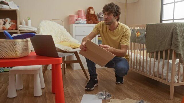 Young man assembling furniture in a cozy bedroom with a laptop, surrounded by baby items like a crib and toys, creating a homey indoor atmosphere.