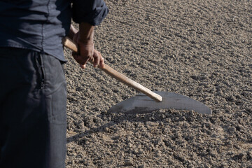 Traditional salt farmers working alone in the salt farms in Indonesia. An old Asian salt farmers...