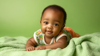 Adorable baby lying on stomach and smiling on green background