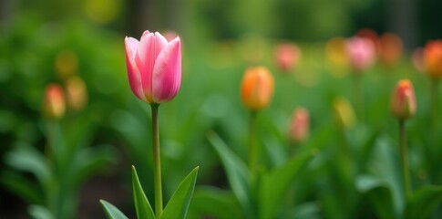 Obraz premium A delicate tulip blooms on a green stem amidst lush foliage, garden, plants
