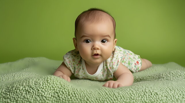 Baby girl lying on stomach and lifting herself up on green background