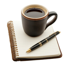 A dark coffee cup, notebook, and pen lay ready for creative expression isolated on transparent background