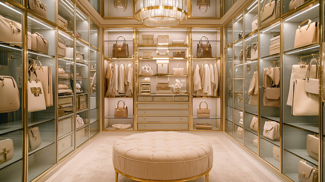 Opulent walk-in closet with glass doors, golden frames, and organized neutral bags, clothes, and seating ottoman.