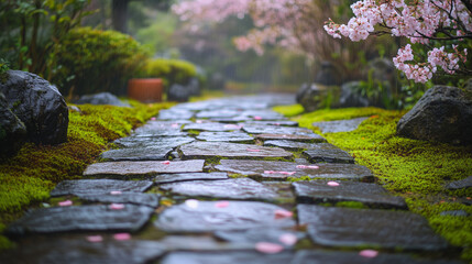 Fototapeta premium A stone path surrounded by lush greenery and blooming flowers, leading into a peaceful garden.