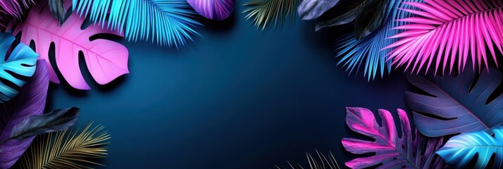 Vibrant palm leaf arrangement studio graphic design neon pink blue and purple background aesthetic creative inspiration