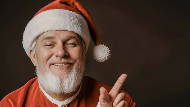 Portrait of cute emotional Santa Claus in red traditional suit