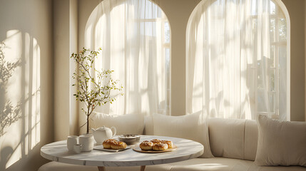 Sun-drenched breakfast setting with pastries, tea, and a decorative tree in a neutral toned room. Serene morning light.