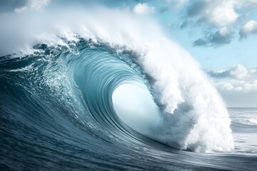 Majestic Ocean Wave Crashing Against Shore Under Beautiful Sky