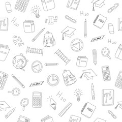 Hand Drawn School and Education seamless pattern. hand drawn stationery design for back to school concept on seamless pattern banner background.hand drawn School Supplies element set.