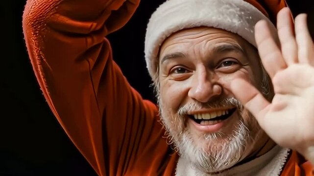 Portrait of cute emotional Santa Claus in red traditional suit