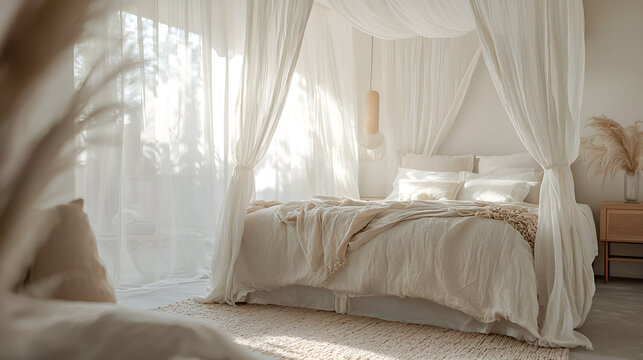 Airy bedroom with a dreamy canopy, natural light, and a calming, neutral palette for a serene and restful ambiance.