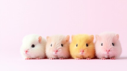 Four fluffy hamsters on pink background, cute pets