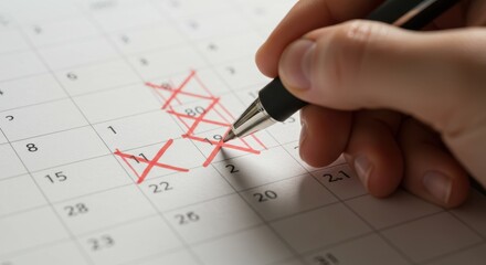 A close-up of a hand holding a pen marking a calendar with red cross marks