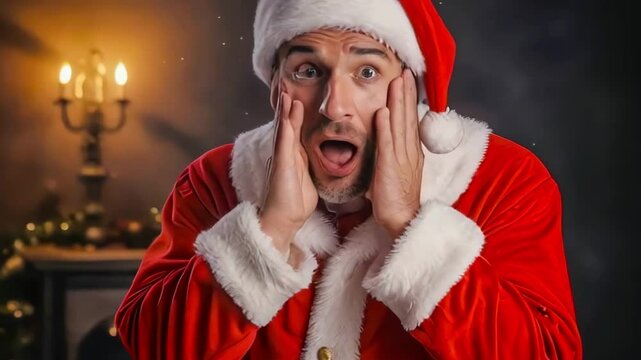 Portrait of cute emotional Santa Claus in red traditional suit