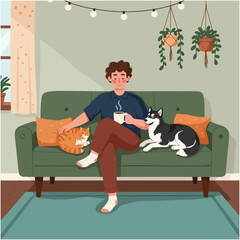 Relaxing at Home Man with Coffee, Cat and Dog on Sofa