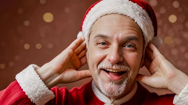 Portrait of cute emotional Santa Claus in red traditional suit