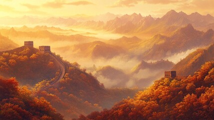 Fototapeta premium Autumn sunrise over the Great Wall of China, misty mountains. Travel poster
