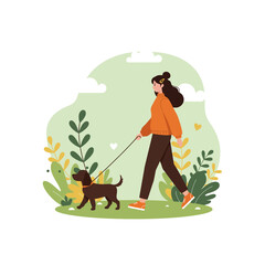 Woman Walking Dog Outdoors in Nature Illustration for Active Lifestyle