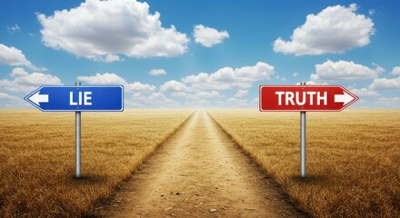 A narrow dirt path dividing a dry grassy field and a blue sign labeled lie points in one direction while a red sign labeled truth points in the other