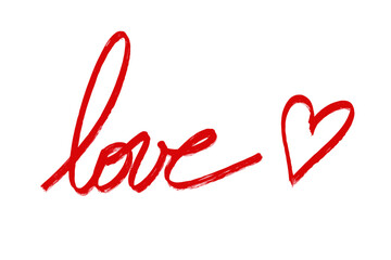 Vector illustration of the word 'love' handwritten in red with a heart