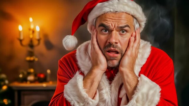 Portrait of cute emotional Santa Claus in red traditional suit